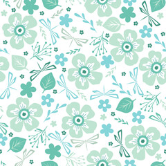 Seamless spring pattern with different cute flowers and dragonflies