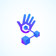 Handy Blockchain Technology Absrtract Vector Sign. Palm Hand with Conected Cubes or Nodes Chain Gradient Icon with Modern Typography Isolated