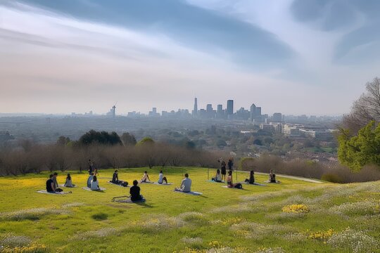 outdoor yoga with city and nature view, generative ai