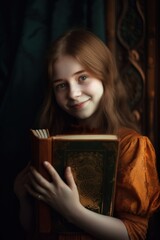 Fototapeta na wymiar Detailed photography of a happy young girl in a vintage orange princess costume holding a fairy tales book, with a cozy and blurred background. Created with generative A.I. technology.