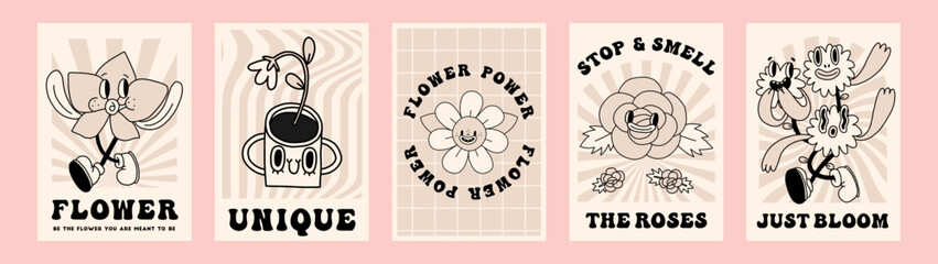 Groovy hippie 70s floral poster set, beige colors. Funny cartoon flowers in trendy retro animation style. Home prints with plants, garden, urban jungle theme. Vector backgrounds, cards collection 