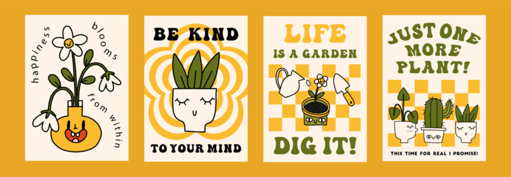 Groovy hippie 70s floral poster set. Funny cartoon flowers in trendy retro animation style. Bright home prints with plants, garden, urban jungle theme. Vector backgrounds, cards collection 