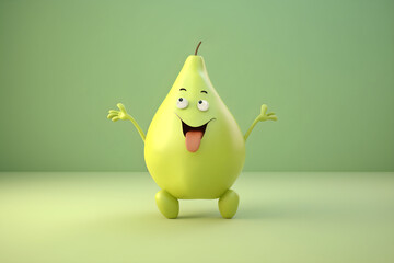 Cheerful cartoon pear character with cute smile. Sweet pear fruit, happy funny food personage. Healthy food concept. Generative AI.