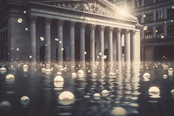 Banking Default and Bank Crisis or as Banks drowning in debt with financial instability or insolvency concept and global market problem as a 3D illustration. Generative Ai.