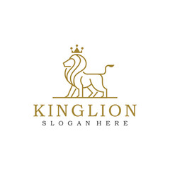Lion logo emblem. Gold king lion icon. Luxury crown animal silhouette symbol. Vector illustration.