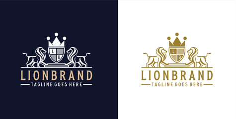 Golden Royal Lion King Crown Premium Classic Luxury Elegant Crest logo design inspiration. Royal coat of arms company label symbol.