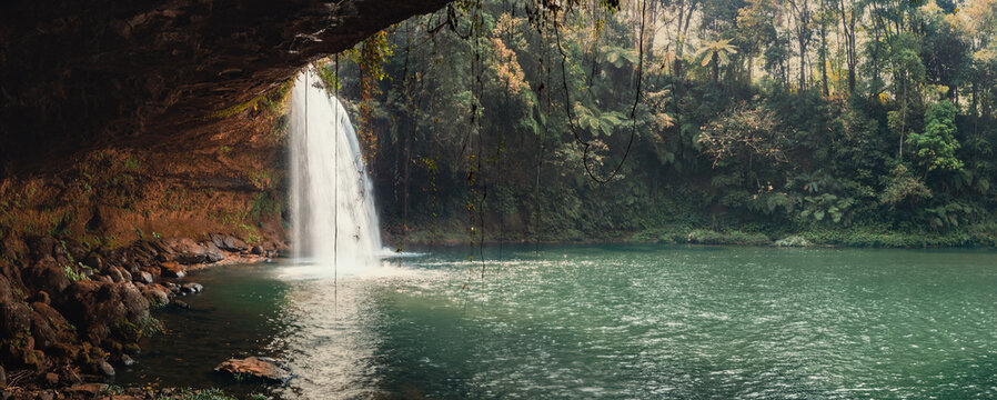 Tad Champee waterfall. Panorama. Laos landscape.