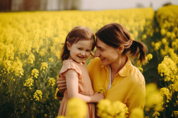 A young beautiful mother enjoying with her daughter in the spring flower meadow, motherly love through kisses and hugs on flowers landscape background. Family happiness. Generative AI.