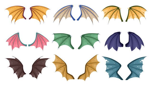 Cartoon dragon wings. Fantasy dragon flying wings, fairy reptile animal wings flat vector illustration set. Flying dragons pair of wings