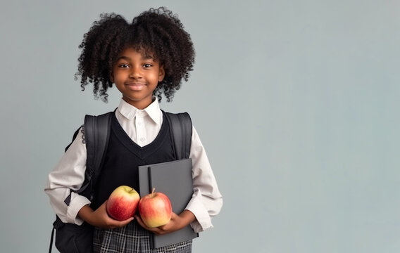 Happy black pupil child with backpack and workbooks and apple lunch in uniform. School girl student banner. Schoolgirl portrait with copy space. Generative Ai.