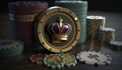 King Crown and Poker Chips on dark background. Casino gambling banner advertising an exclusive V.I.P. poker game tournament. Generative Ai - obrazy, fototapety, plakaty