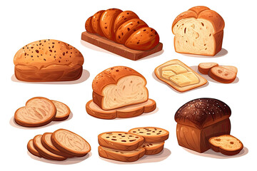 Set of whole bread and slices on a white background. Generative AI
