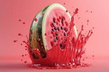 Half of a juicy watermelon in a splash of juice on a pink background. Generative AI - obrazy, fototapety, plakaty