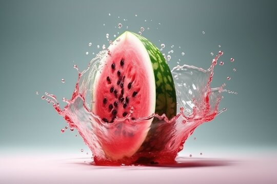 Summer illustration half of watermelon in splash of juice. Generative AI