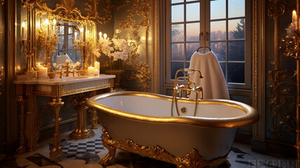 Luxury victorian bathroom with gold plated elements and ornaments, ai generative
