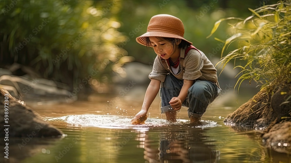 Wall mural splish splash: little child having fun playing in nature's water by generative ai