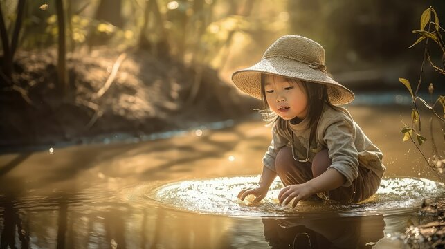 Nature's Playground: Little Child Enjoying the Outdoors by Playing in the Water by Generative AI