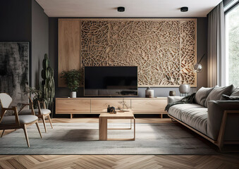 The modern living room is decorated with stylish appliances and abstract wall decoration. A very cozy living room equipped with everything for home comfort. AI generated illustration.