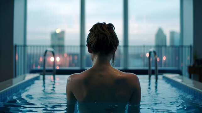 Back View of Girl Swimming in Glass Pool with Metropolis Below - Generative Ai
