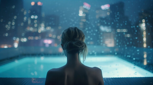 Stunning Rooftop Retreat: Back View of Beautiful Girl in Glass Pool with City View - Generative Ai