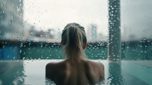 Stunning Rooftop Retreat: Back View of Beautiful Girl in Glass Pool with City View - Generative Ai