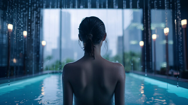 Back View of Beautiful Girl Swimming in Pool with City View - Generative Ai