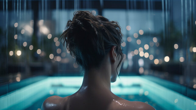 Back View of Wet Girl Enjoying Stunning Cityscape in Glass Pool - Generative Ai