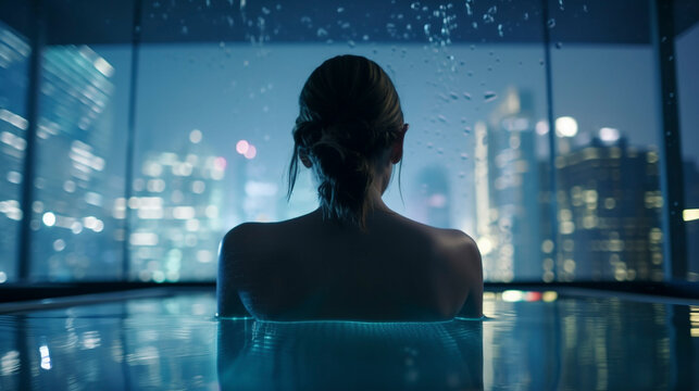 Back View of Beautiful Girl Swimming in Pool with City View - Generative Ai