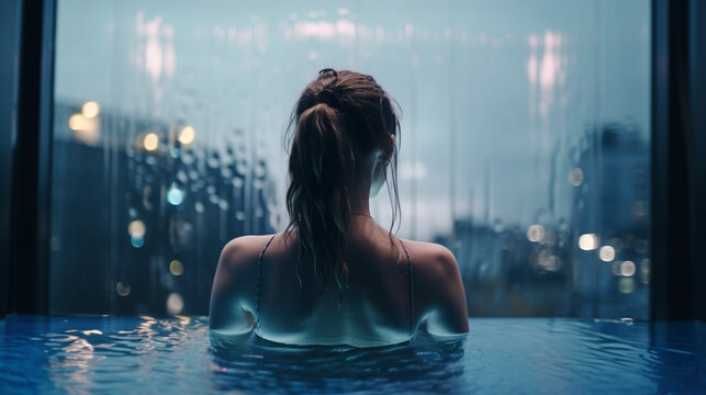 Metropolis Oasis: Back View of Beautiful Girl Swimming in Glass Pool on Skyscraper - Generative Ai