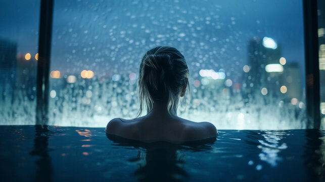 Metropolis Oasis: Back View of Beautiful Girl Swimming in Glass Pool on Skyscraper - Generative Ai
