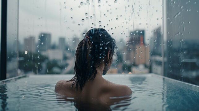 Urban Escape: Back View of Wet Girl Enjoying Stunning Cityscape in Glass Pool - Generative Ai