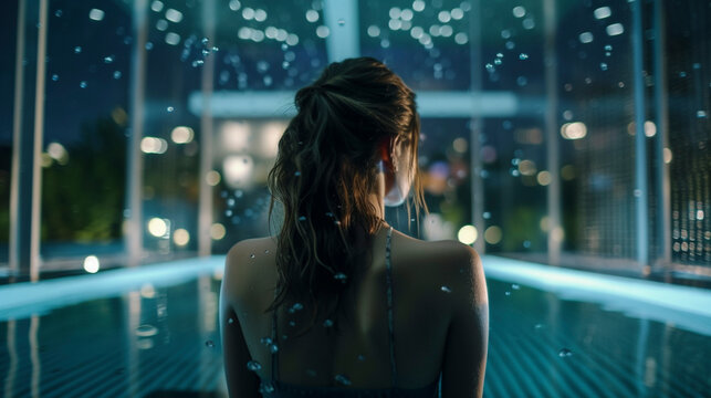 Urban Escape: Back View of Wet Girl Enjoying Stunning Cityscape in Glass Pool - Generative Ai