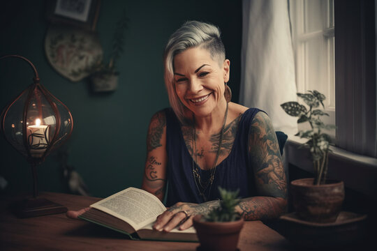 Woman with tattoo, short hair, reading book, generative ai