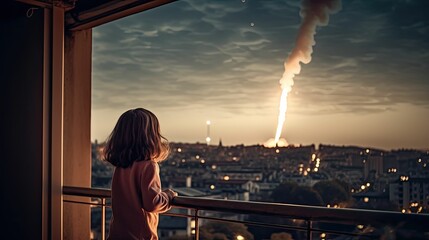 Eyes on the Sky: Little Child Amazed by Rocket Launch into Space by Generative AI