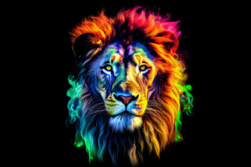 Lion head with colorful smoke on a black background. Generative AI.
