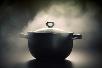 steaming pot in dark logo, steam over saucepan generative ai