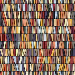 Colorful composition of little rectangular tiles arranged on horizontal lines. Geometric mosaic on a black background. Seamless repeating pattern. Vector image.