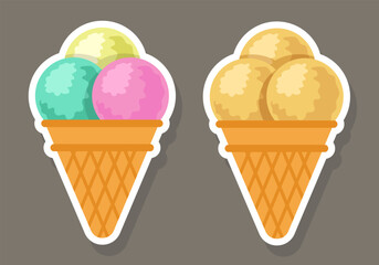 Gelato. Ice cream cone with three scoops. Vector clipart.