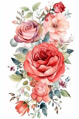 Red rose pastel watercolor painting on white background, created with generative AI