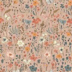 Beautiful elegant flowers and butterflies seamless pattern, created with generative AI