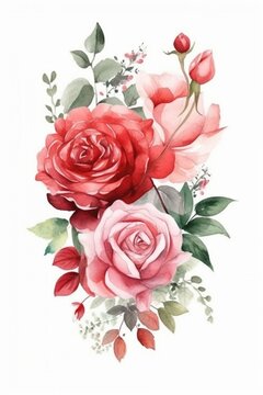 Red rose pastel watercolor painting on white background, created with generative AI