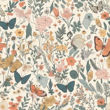 Beautiful elegant flowers and butterflies seamless pattern, created with generative AI