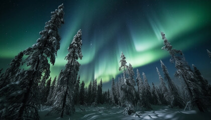 Night sky glows with aurora over snowy forest generated by AI