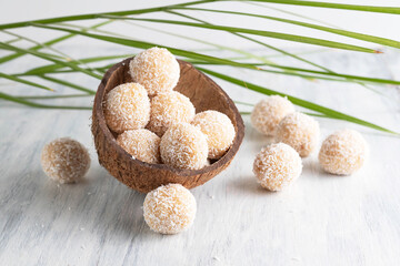 Coconut candies on a gray table with palm leaves in the background. The concept of cooking natural sweets.