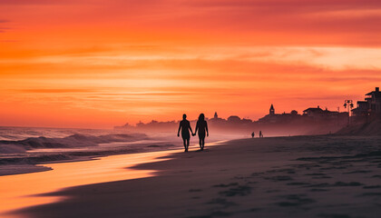 Fototapeta na wymiar Silhouette of two people walking on beach generated by AI