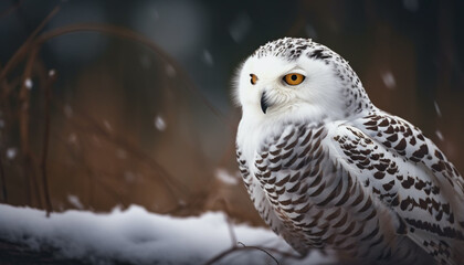 Snowy owl perched on branch staring fiercely generated by AI