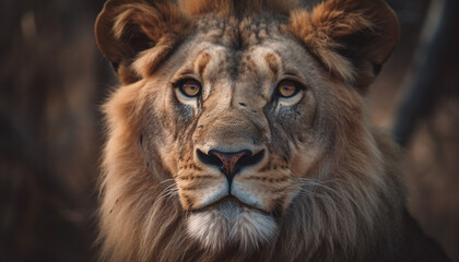 Plakat Majestic lioness staring alert in wilderness area generated by AI