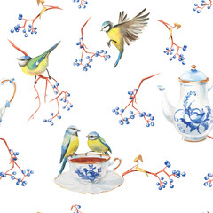 birds tits and tea hand painted watercolor seamless pattern