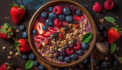 Fresh berry yogurt bowl with granola and honey generated by AI