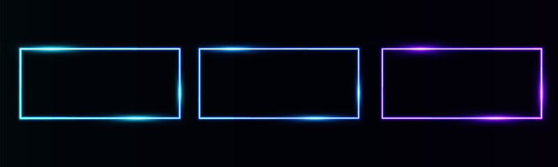 Realistic neon rectangle frame set with glow effect isolated on dark background. Azure, blue, purple illuminated geometric shapes. Electric light horizontal frame sign. Vector illustration